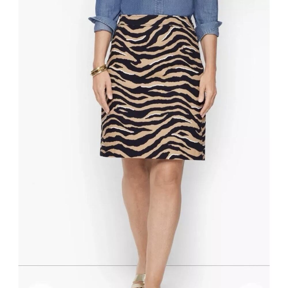 Talbots Straight Skirt Knee Length Tan Black Animal Print Zebra Tiger Size 14